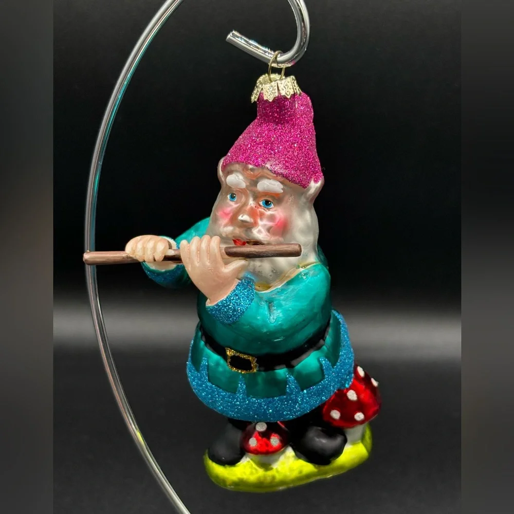 2 Glass Target Christmas Gnome Ornaments Playing Violin and Flute Musical Whimsy